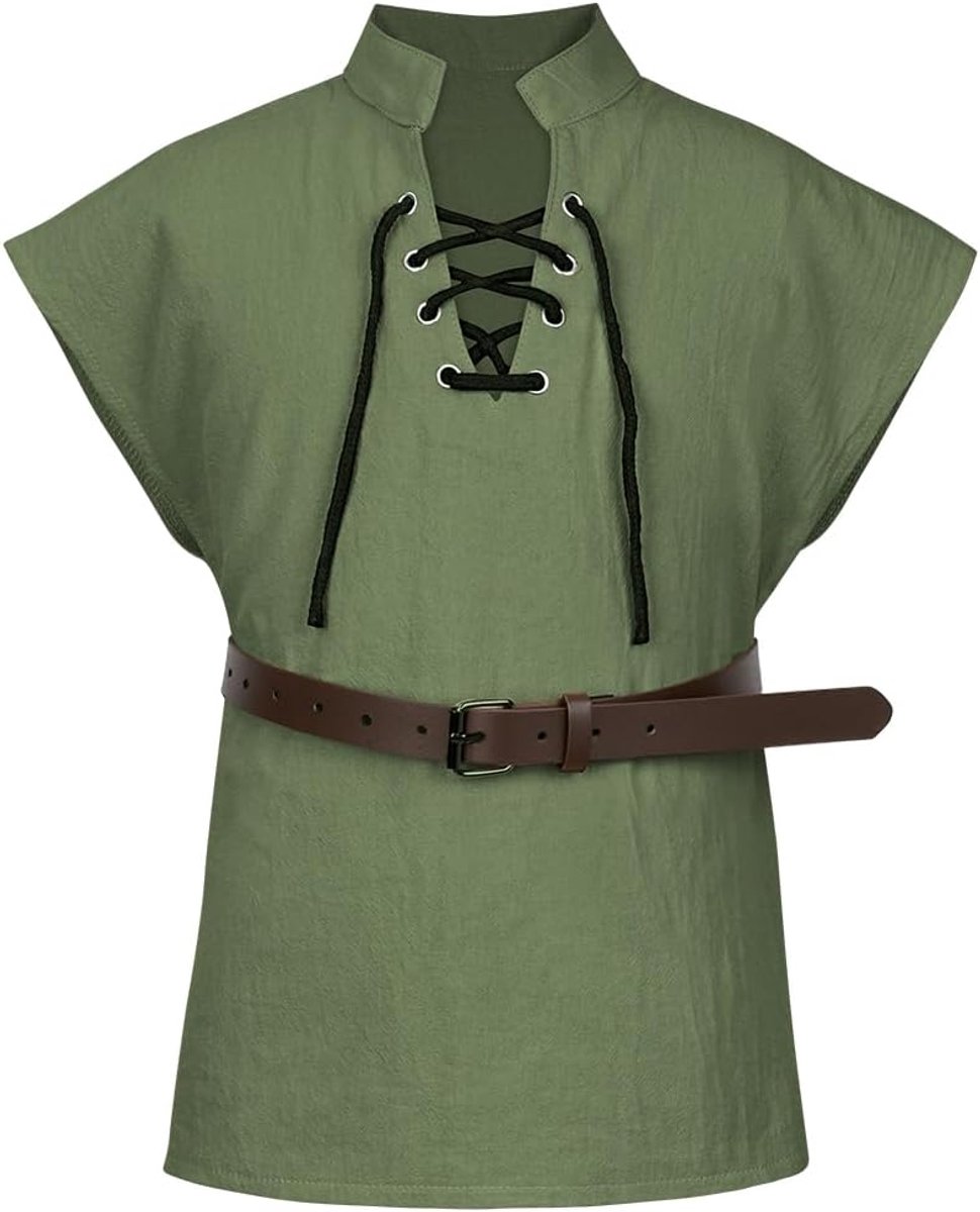 Renaissance piraat mouwloze T-shirts, kinderen middeleeuwse vetersluiting top met riem V-hals mouwloos front vetersluiting split vest middeleeuws vest voor Halloween carnaval cosplay