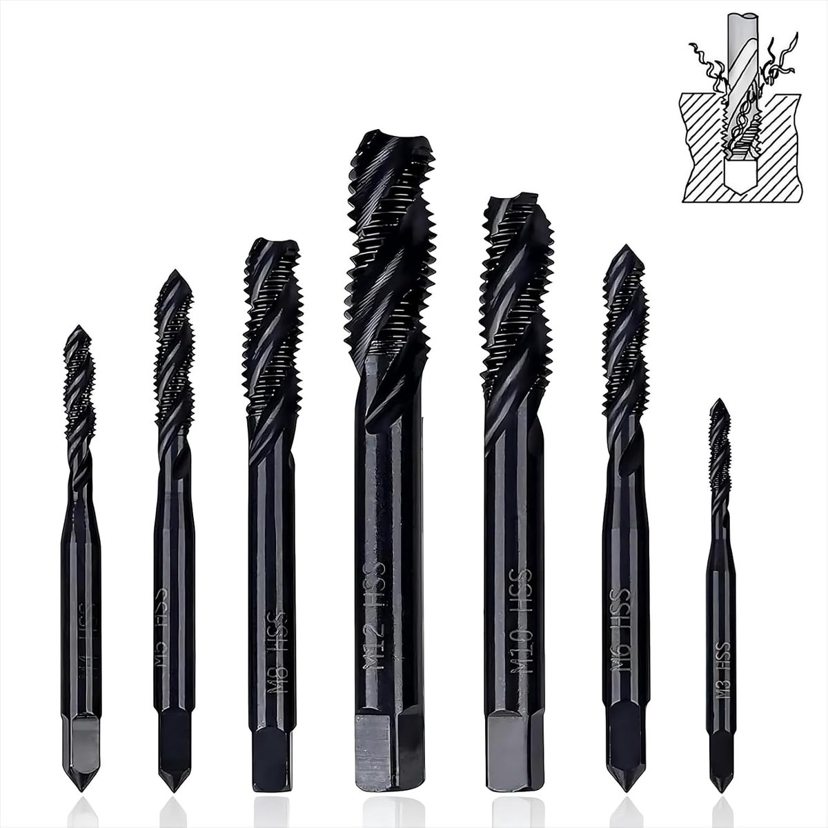 6542 Schroefdraadboren, set van 7 stuks, machinale schroefdraadboor, metrische schroefdraad, staal, spiraalmoerboor, set voor metaal, hout, boor M3, M4, M5, M6, M8, M10, M12