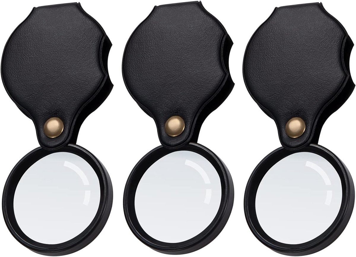 Vergrootglas, 8-voudige zakloep, inklapbaar, kleine leesloep met beschermende tas, holster, handvergrootglas voor boeken, kranten, landkaarten, munten, knutselen, 50 mm, zwart (3 stuks)