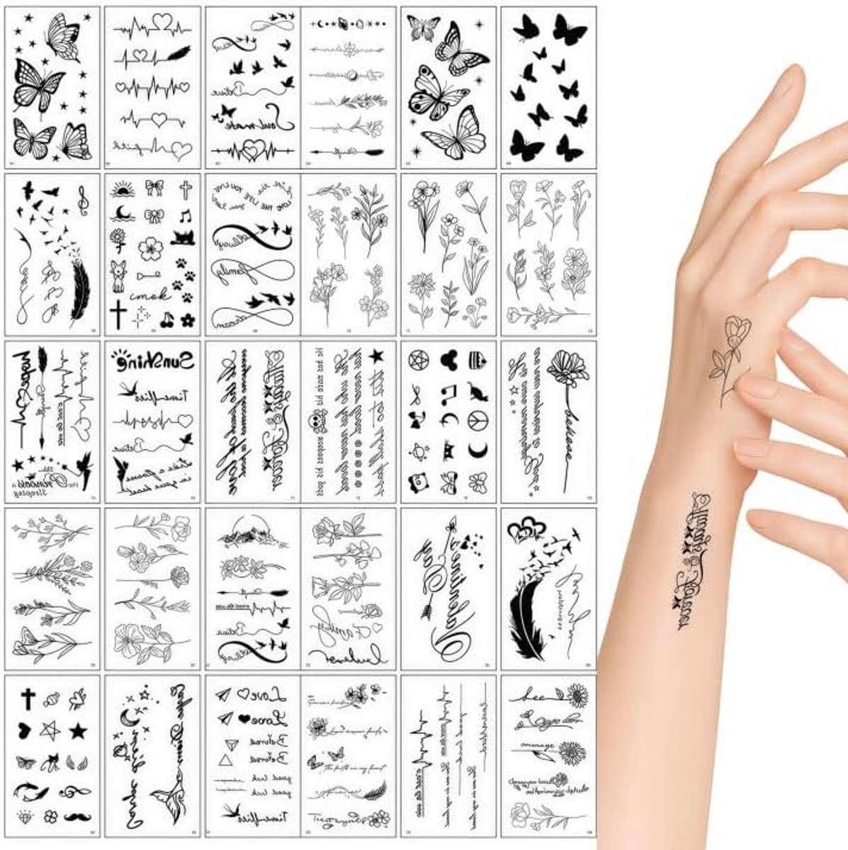 Tijdelijke Tattoos – 30 stuks realistische 3D-tattoos, waterdicht, kleine neptattoo-stickers, langdurig en huidvriendelijk (zwart)