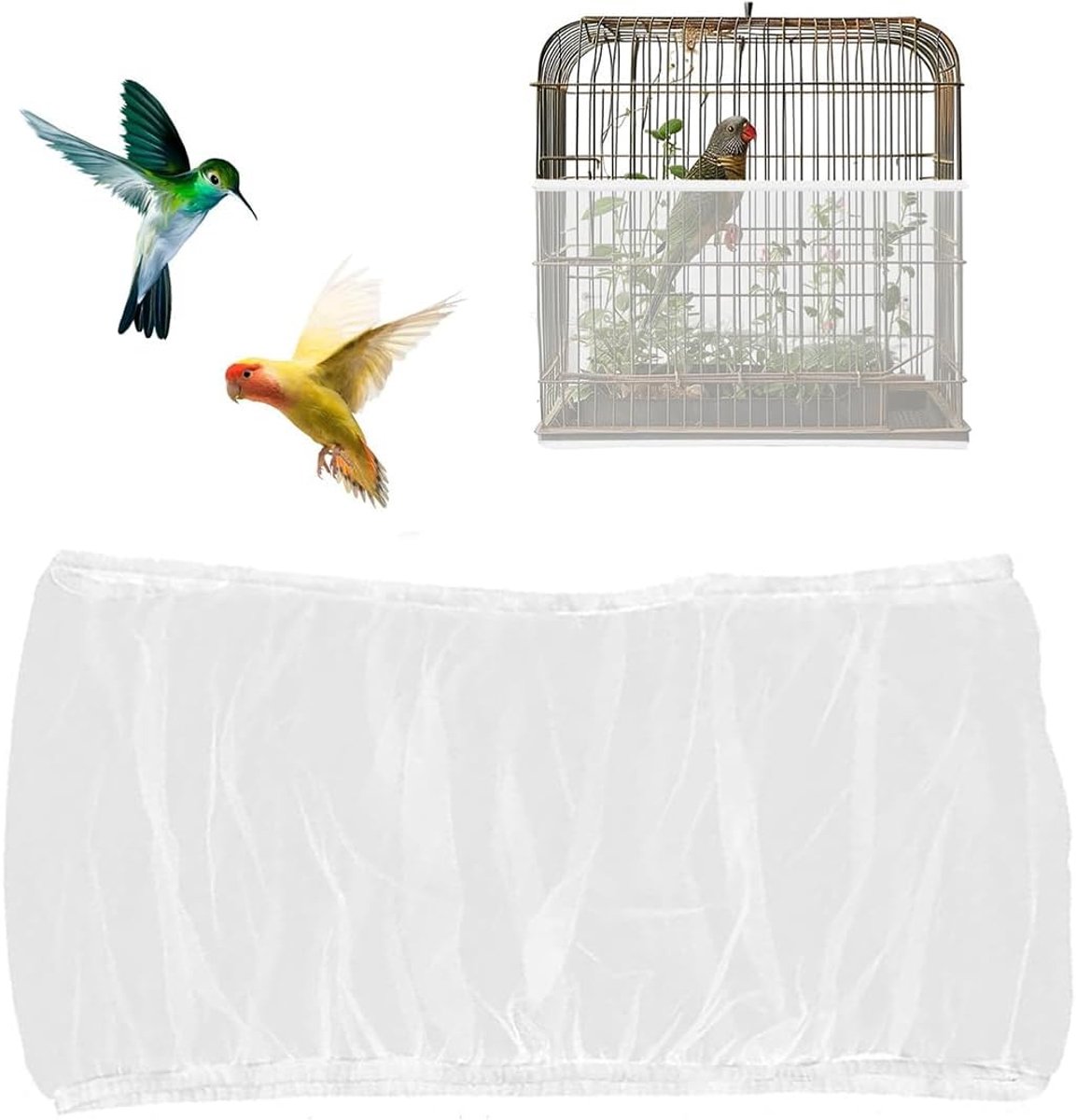 1 stuks vogelkooi-afdekking, verstelbare vogelkooi-afdekking, vogelkooi zaadvanger, beschermingsnet voor vogelkooi, papegaaien, nylon mesh, geschikt voor kooien met een omtrek van 112-150 cm