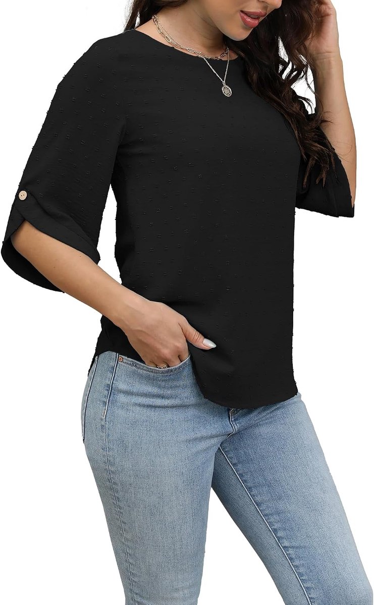 Blouse voor Dames, Ronde Hals, Modieus Casual T-shirt met 3/4 Mouwen Loose Elegant Top Zomer