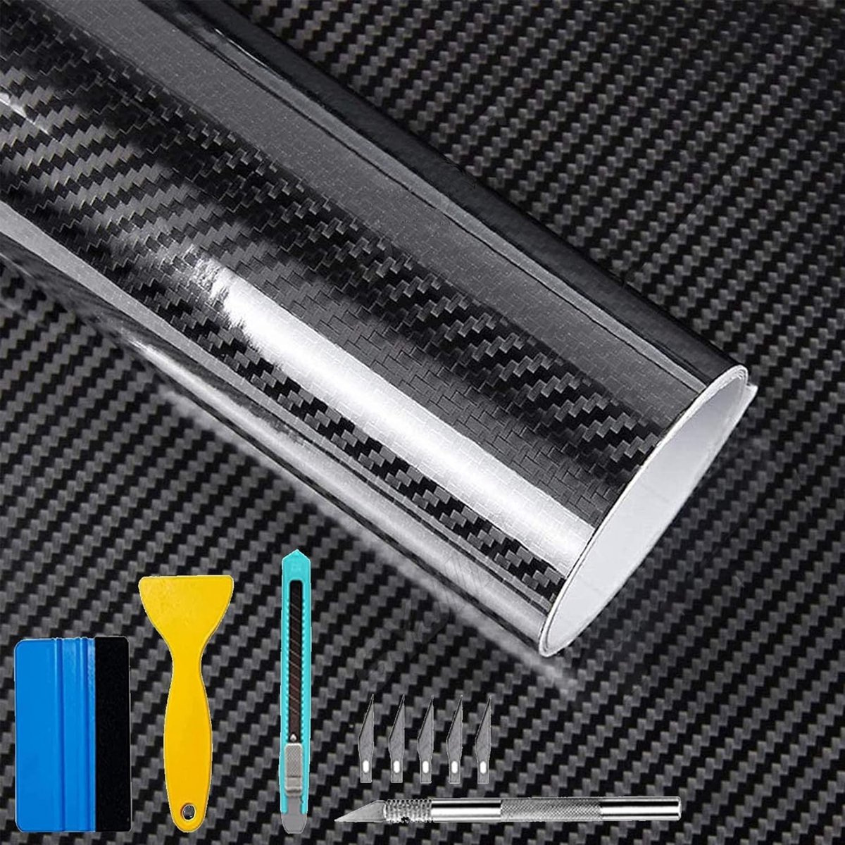 Autofolie 30 x 300 cm - carbon zwart glanzend - luchtbelvrij technologie - voor auto, motor en fiets - SnelShoppen