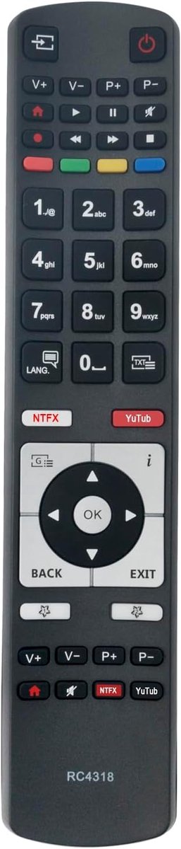 Afstandsbediening RC4318P - Vervangend model - Geschikt voor Telefunken 4K TV - Inclusief NetFlix en YouTube toegang - ShopVlot