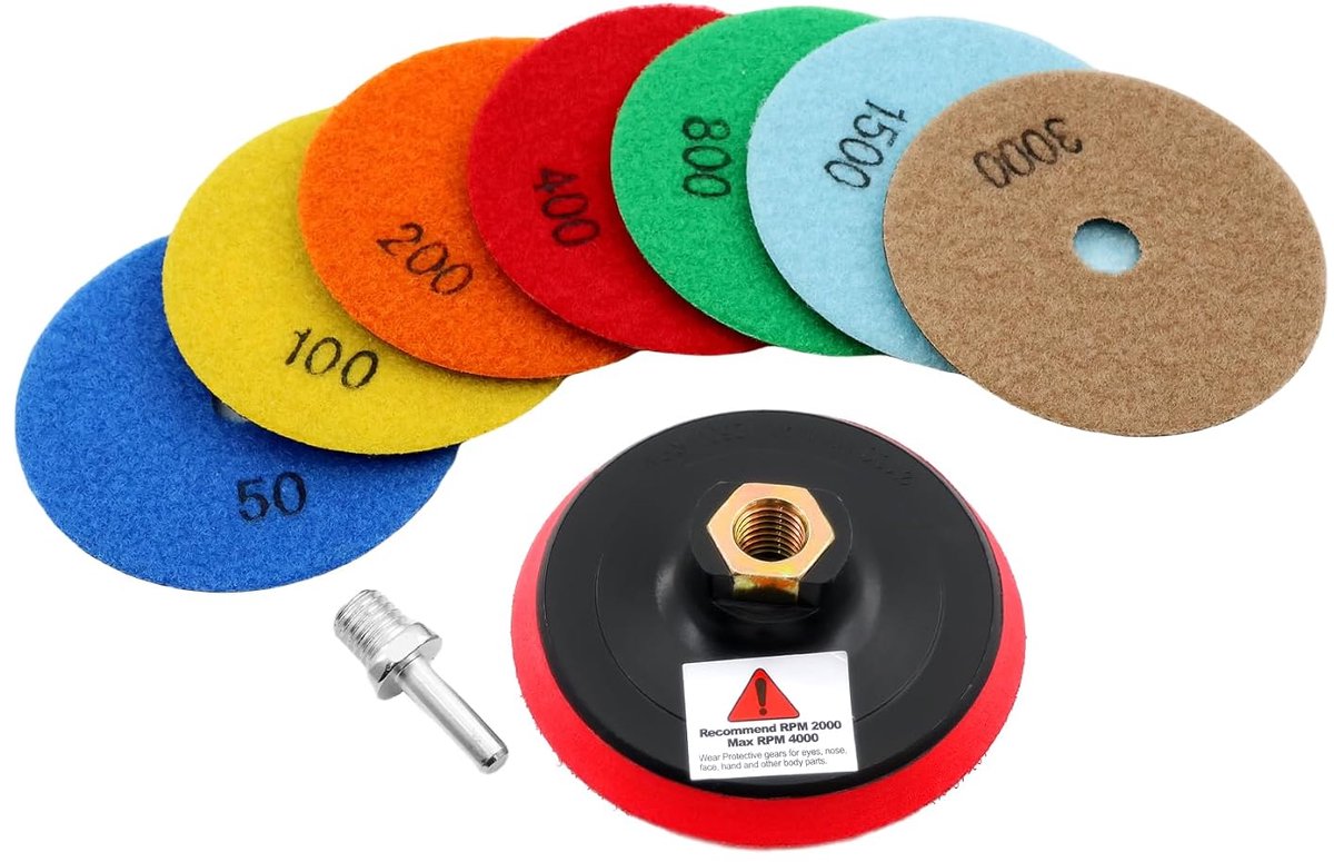 Polijstpads 100mm M14 - 7 Delige Set - Hoogwaardige Diamant en Hars - Perfect voor Marmer - ShopVlot