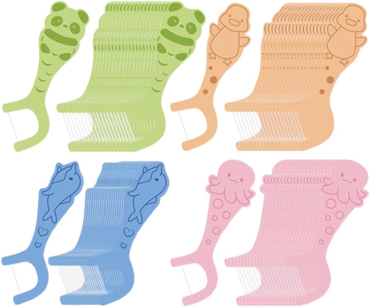 Tandzijde voor kinderen - 80 flossen in 4 dierenvormen - Kindvriendelijke handgrepen - Leer mondhygiëne eenvoudig - SnelShoppen