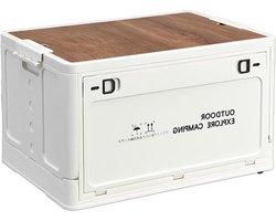 Opvouwbare Opbergdoos - Campingbox Kofferbak Organizer - Kamperen en Reizen - Met Houten Snijplank Deksel - 30 liter - Wit