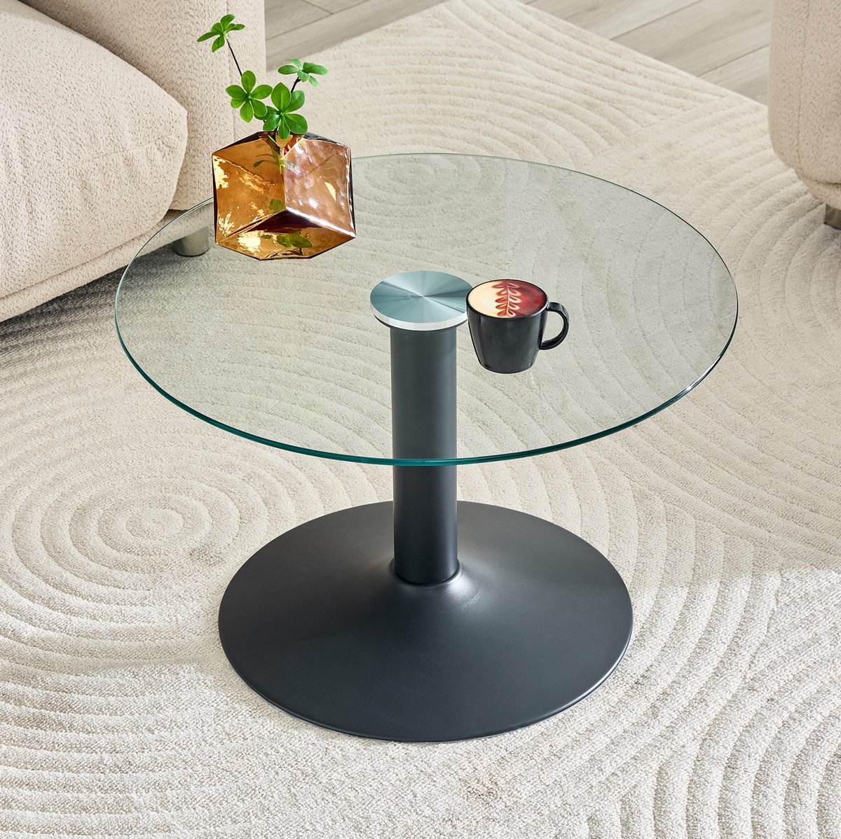 Salontafel - Ronde Glasplaat Met Stevig Metalen Onderstel - Modern Voor Woonkamer - Zwart - 70 Cm