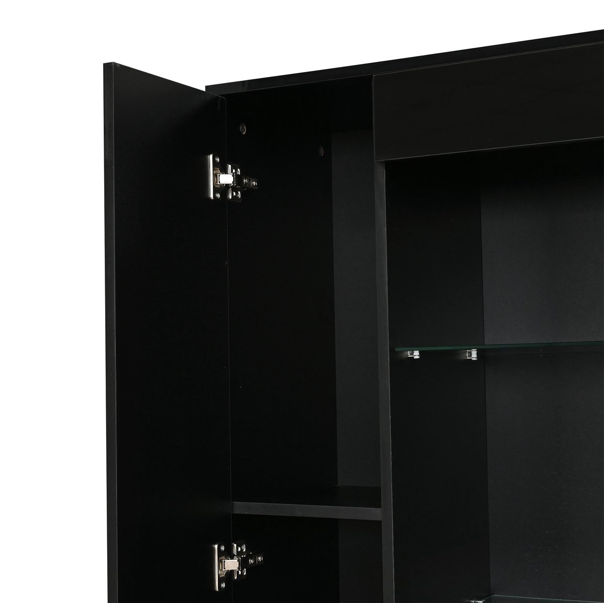 OKWISH Vitrinekast - Hoogglans Met LED-Verlichting En Lade - 70 x 35 x 180 cm - 2 Deuren En Halfopen Opbergruimte - Zwart Hout En Gehard Glas