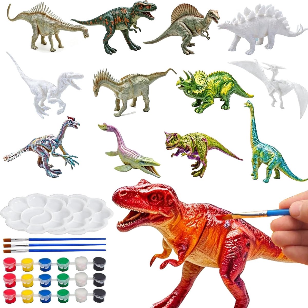 Dinosaurus schilderset voor kinderen - 12 dino figuren - 18 kleuren verf - creatief knutsel speelgoed - ShopVlot