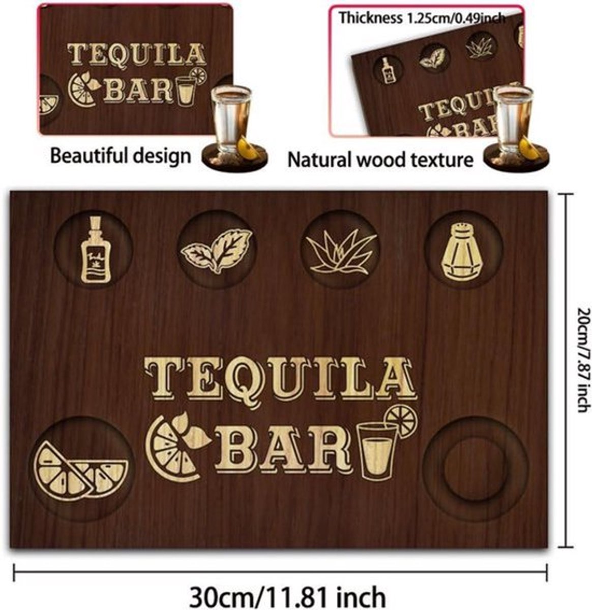 Houten Bar dienblad voor Tequila shotglazen met zoutrand - 20x30cm - Borrelbord voor bar, restaurant, feest, familiebijeenkomst