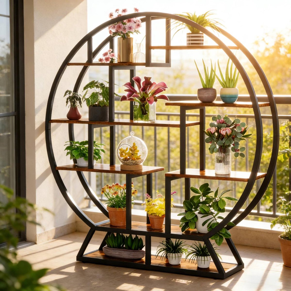 FloraGrace Plantenrek – Rond Industrieel Design – 150 x 30 x 158 cm – Metaal en Spaanplaat – Zwart en Rustiek Bruin – Open Displaykast