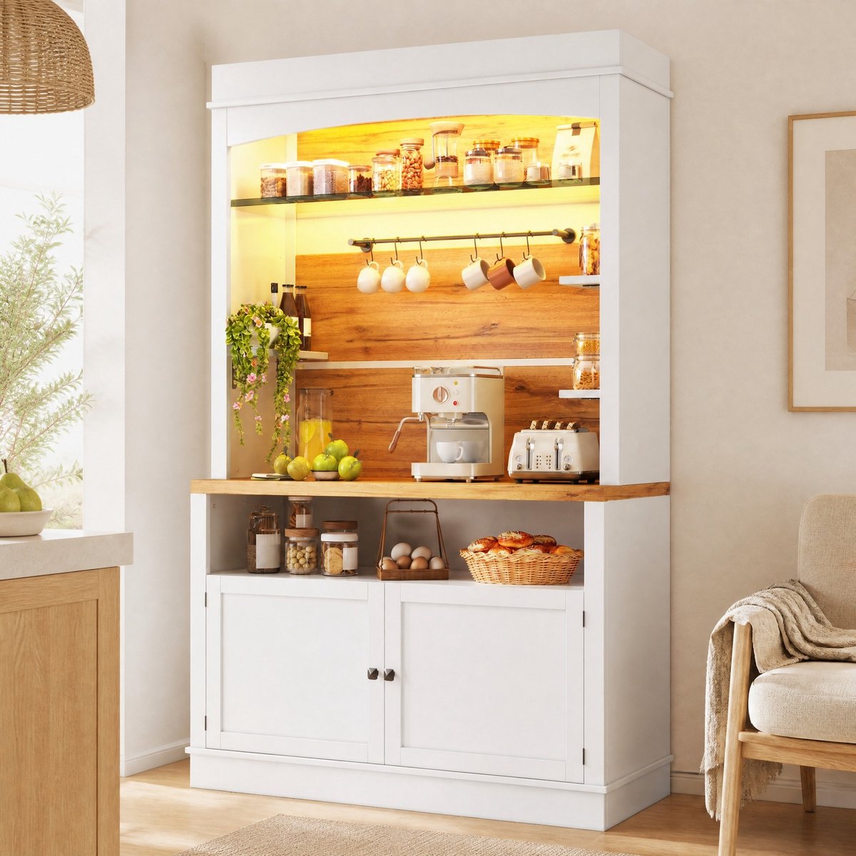 MODENUIT Keukenkast - LED-Verlichting Met Glasplank - Voor Keuken En Eetkamer - MDF - Wit - 107x34x184 Cm