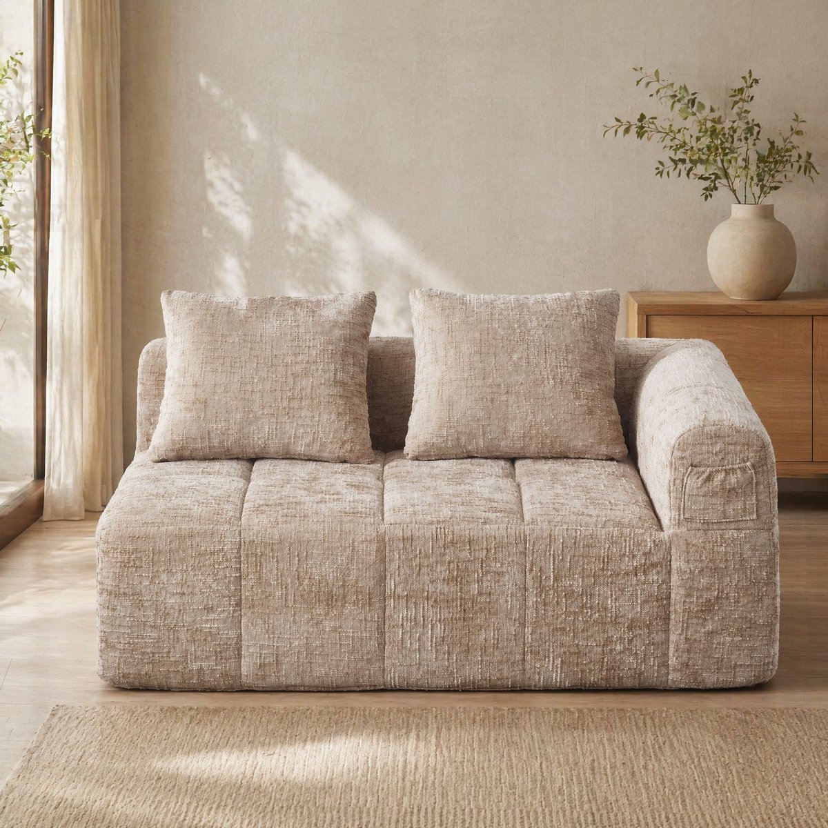MEUNIQ 2-zits bank 158 x 90 x 60 cm met chenille bekleding, zijvakken en kussen, geen montage nodig, voor de woonkamer, khaki