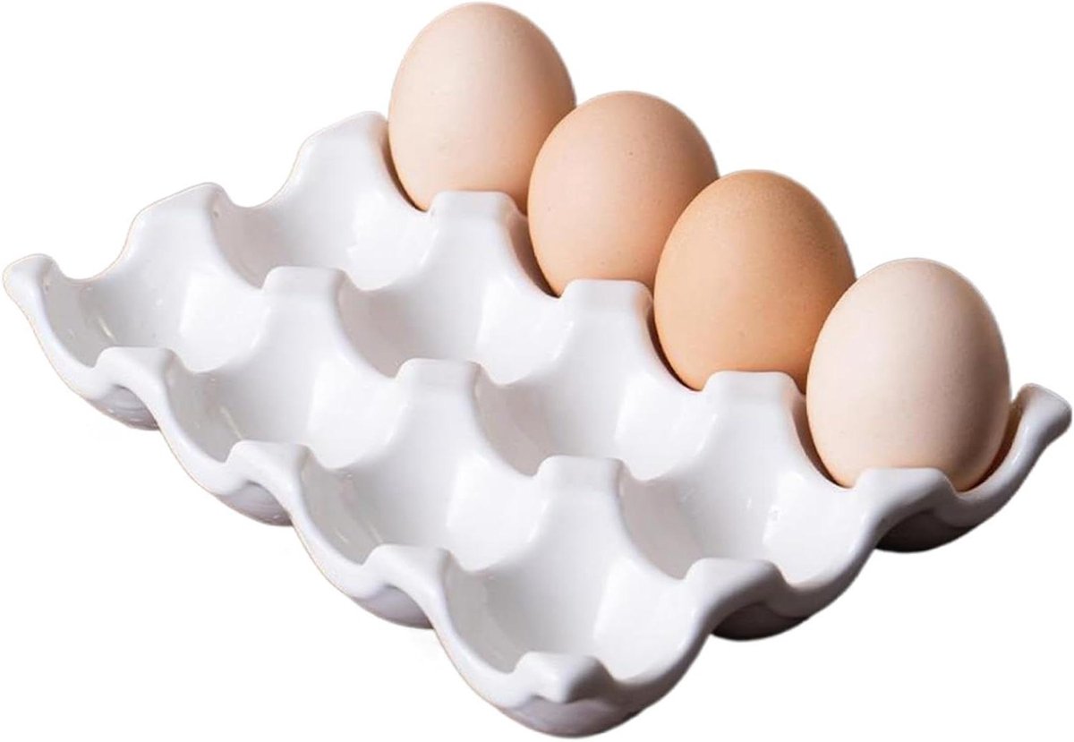 Keramische eierhouder - Eierrekje Eierbak - Keuken Organiseren - Hittebestendig Keramiek - 12 eieren - Wit