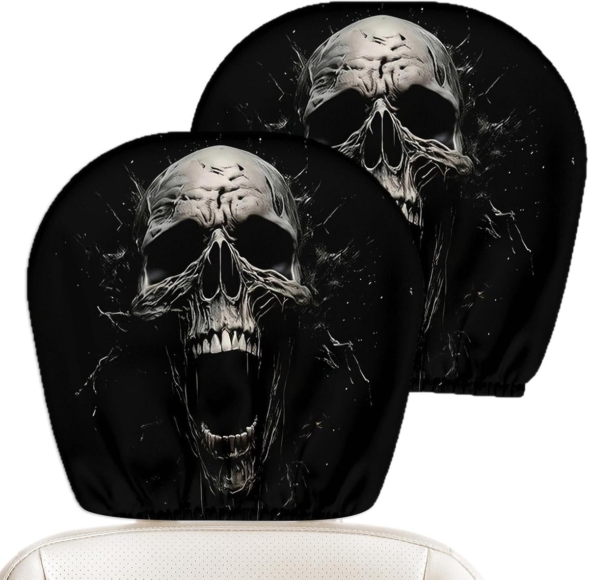 Hoofdsteunhoezen voor auto 2-delig - rekbaar schedelontwerp - griezelige sfeer - perfect voor Halloween - ShopVlot