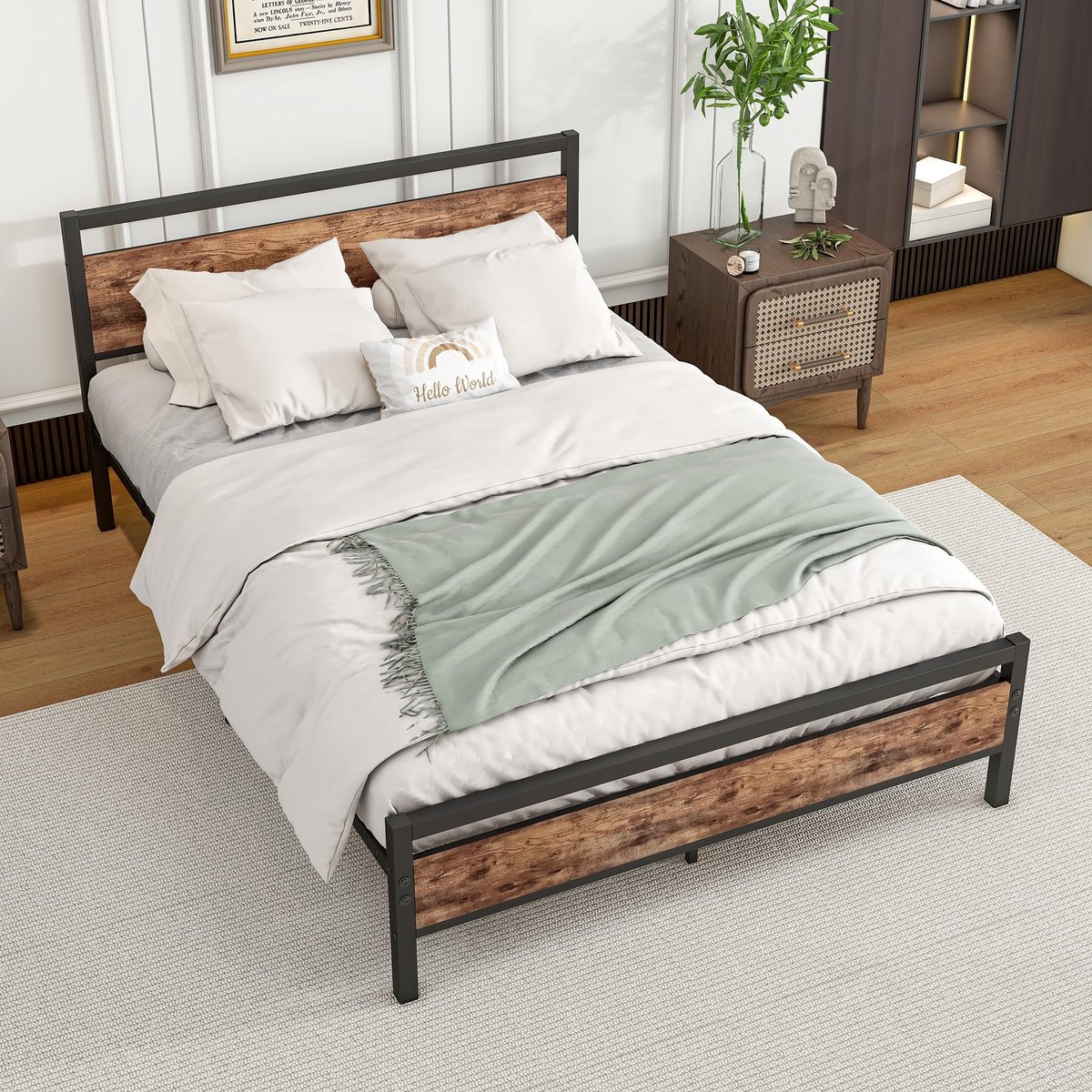 MIVRAY Normaal Bed 140x200cm Zonder Matras - Bedframe Met Lattenbodem En Opbergruimte - Industriële Stijl - MDF En Metaal - Antiekbruin