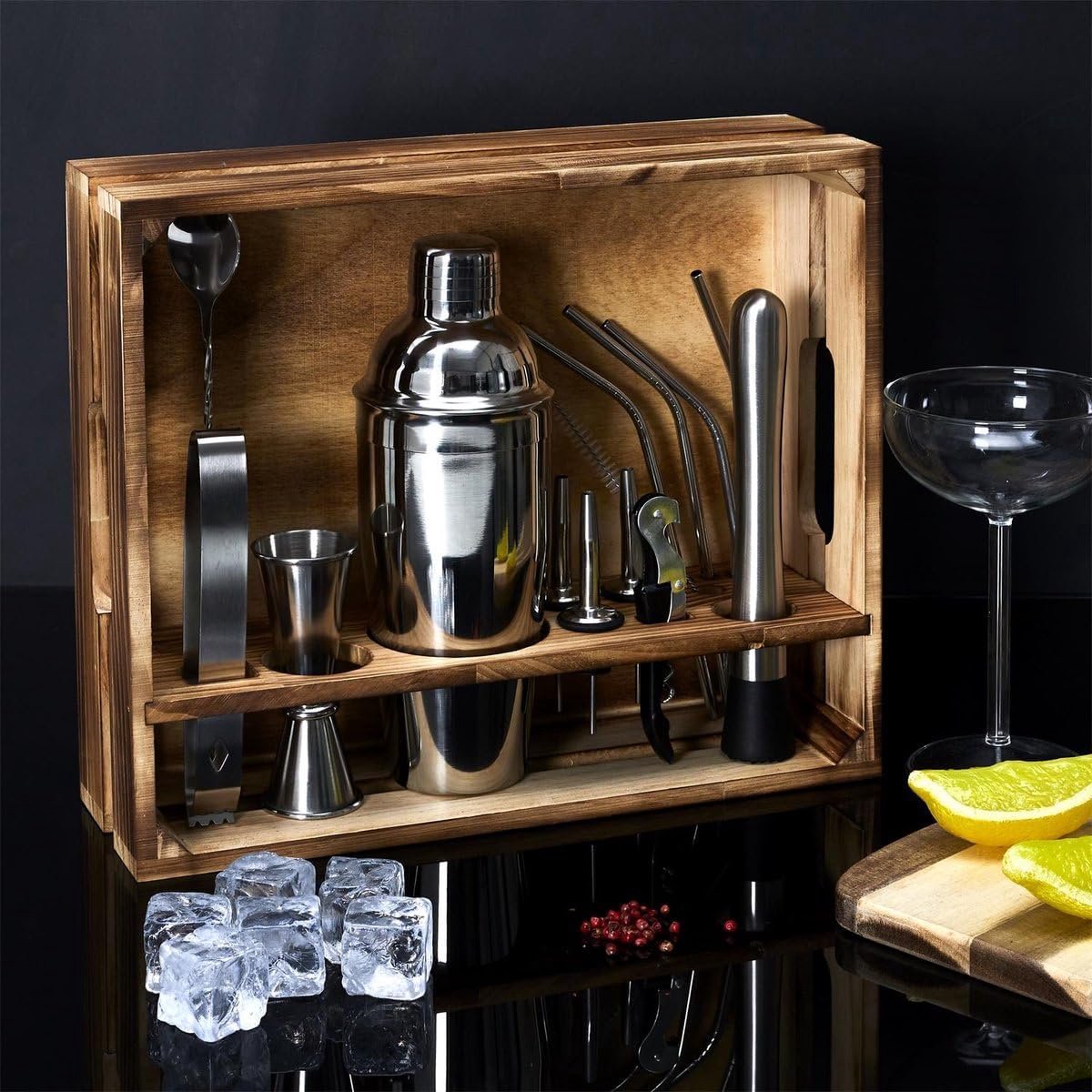 Cocktailset 15-delig - houten presentatieverpakking - exclusief ontwerp - maak perfecte cocktails - SnelShoppen