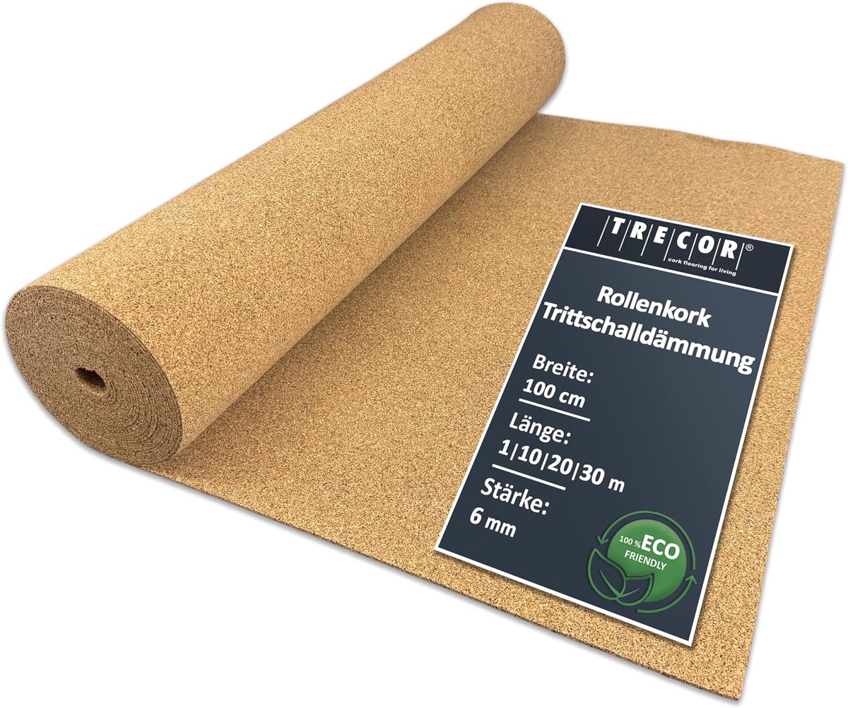 geluidsisolatie Trecor rolkurk - dikte 6 mm - akoestische isolatie voor laminaat en parketvloeren, zeer elastisch en antistatisch, dichtheid ca. 200 kg/m³ - u koopt (30 m²)