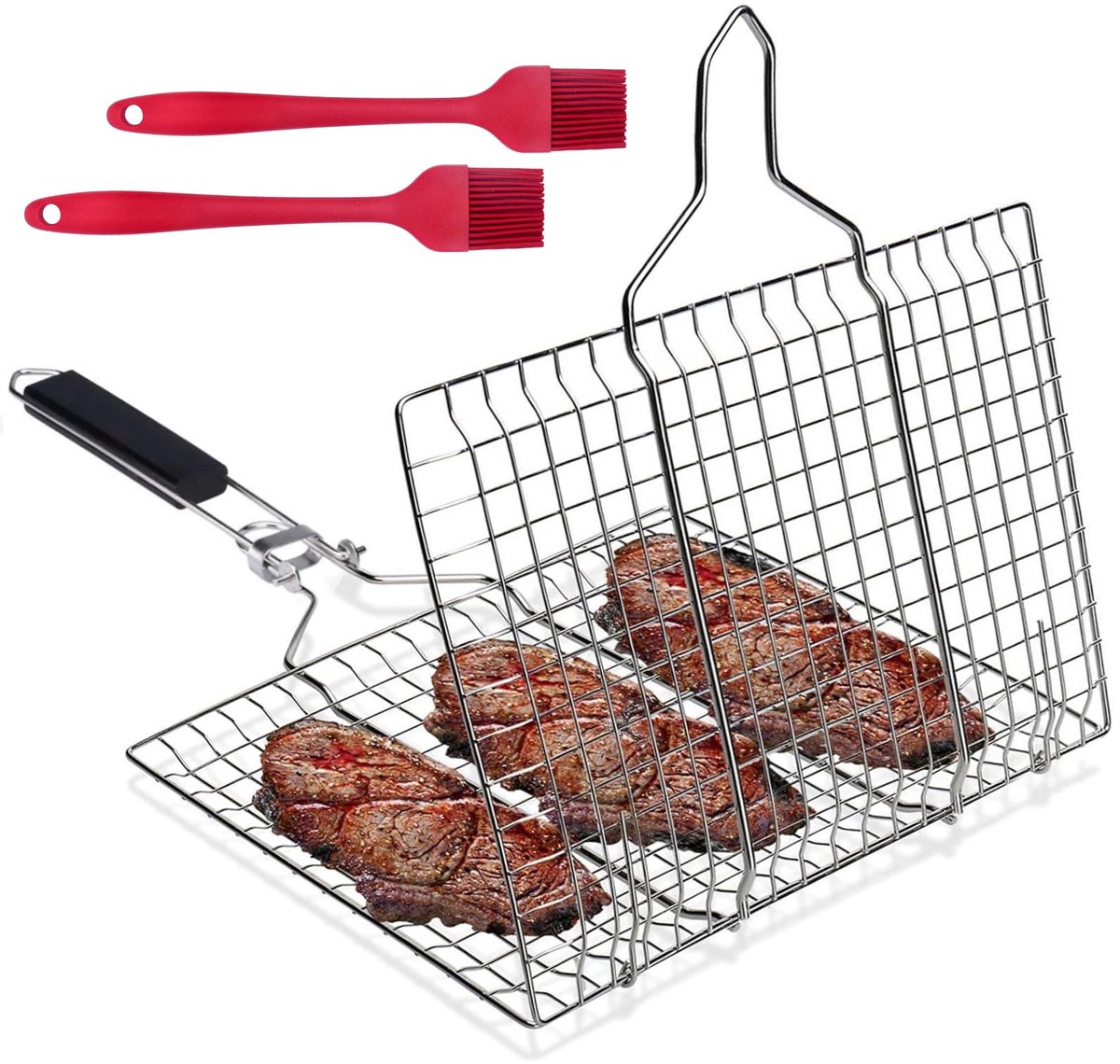 Barbecue grillmand RVS - opvouwbaar visrooster - afneembaar handvat - ideaal voor vissen grillen - SnelShoppen