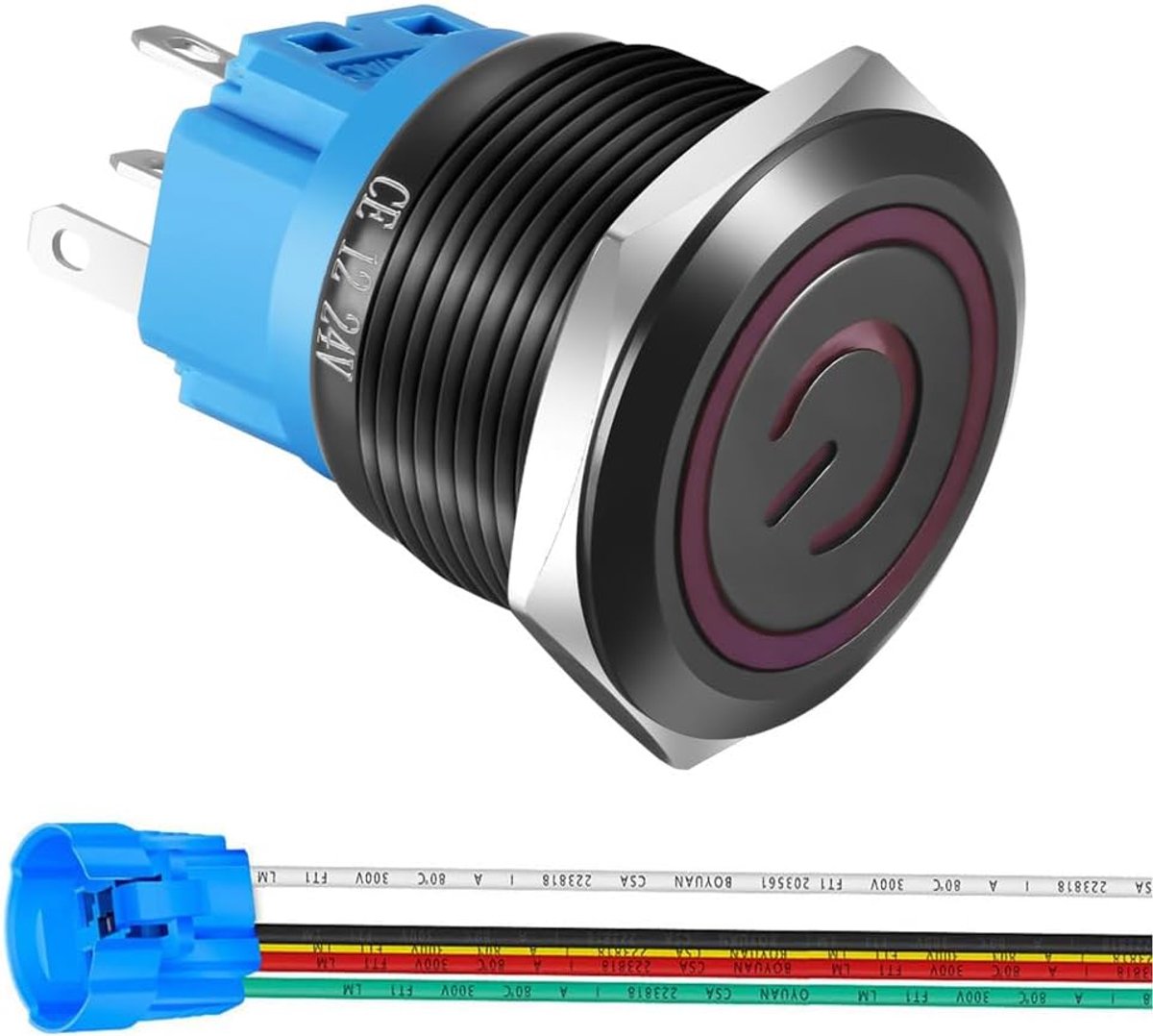 22mm Roestvrijstalen Vergrendelbare Drukknopschakelaar 12V-24V/5A Power Symbol LED 1NO1NC SPDT ON Off Waterdichte Tuimelschakelaar met Draadstekker (rood LED/zwarte schaal)