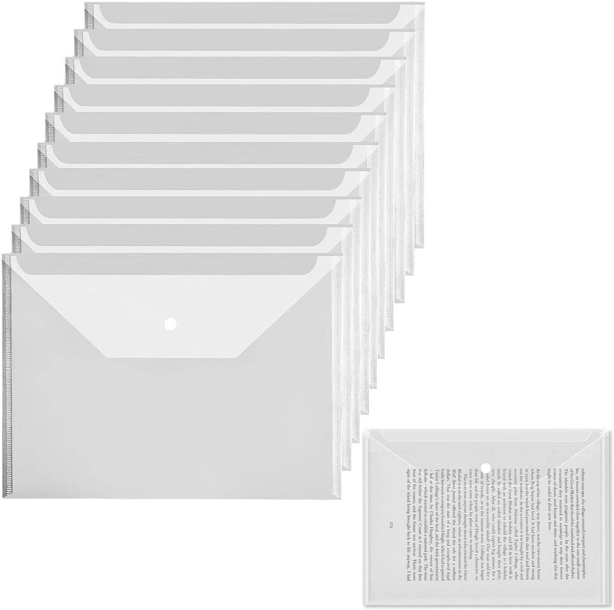 10 stuks A5 waterdichte ordners, 23 x 18 cm, transparante documententas met knop, duidelijke beschermhoes, enveloppen met clipsluiting voor ordners, kantoor en personeel