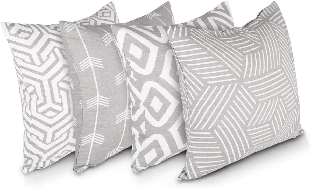 Home 100% Katoen Decoratieve Dubbelzijdige Vierkante Kussenhoezen Met Onzichtbare Rits 4-Delige Set, 45 cm Lengte x 45 cm Breedte, Pale Grijs/Wit Mix