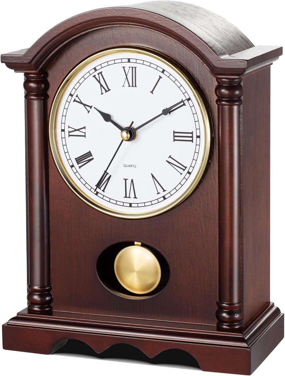 Klassieke staande klok – Elegante tafelklok in houtdesign met goudkleurig slinger, vintage staande klok voor woonkamer, slaapkamer en landelijke stijl decor