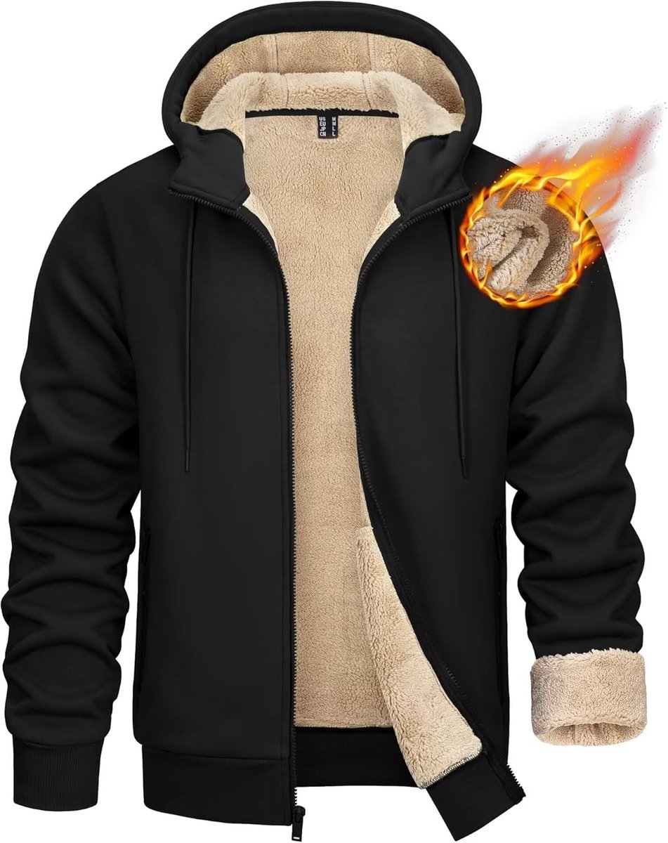 Heren hoodie met sherpa fleece voering, capuchon, ritssluiting, winddicht, warme winter hoodie met zakken, Zwart, M
