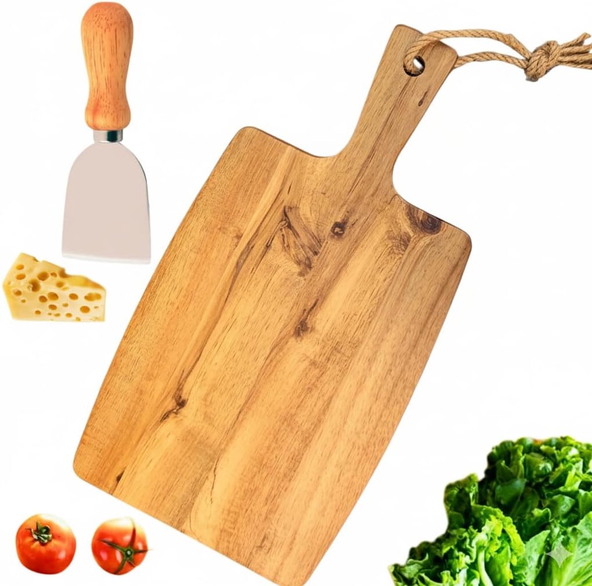 Snijplank voor de keuken van natuurlijk acaciahout, handgemaakt, met ergonomische handgreep, duurzaam en slijtvast, ideaal voor vlees, groenten, brood en kaas, elegant en antibacterieel + mini