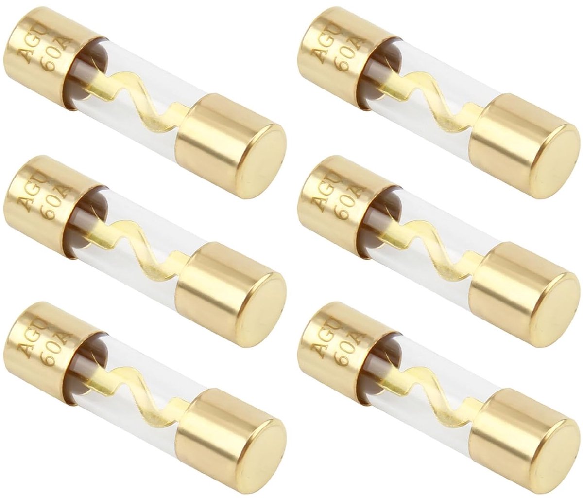 6 stuks 60 A AGU zekeringen van glas, verguld, 12 V, autozekeringen, 60 A, AGU-zekering, voor marine, auto, audio, versterkers, sono, auto, stereo, veiligheid, bescherming, buis, glasbescherming