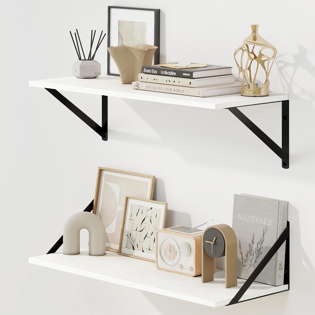 Zwevende planken voor muur, 24 inch wandplanken set van 2, brede houten planken met stevige metalen beugels voor woonkamer, badkamer, slaapkamer en keuken, wit