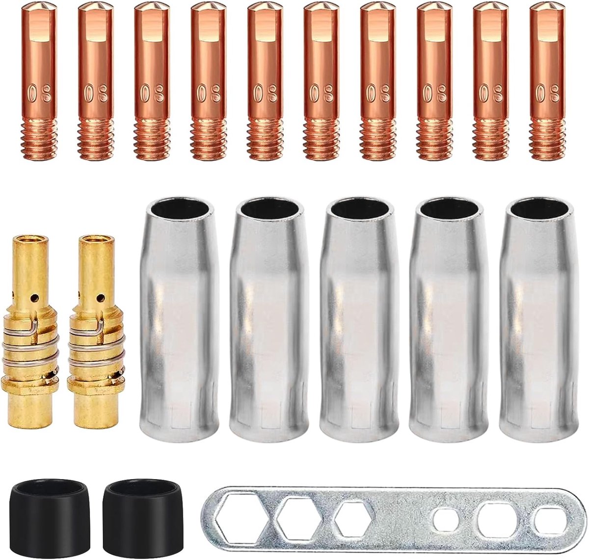 20 stuks lasaccessoires, MIG/MAG lasbranderset, slijtageonderdelenset voor MIG/MAG MB15AK, 5 x gasmondstuk, 2 x mondstuk, 10 x stroommondstuk M6, 0,8 mm, 2 x isolator, 1 x
