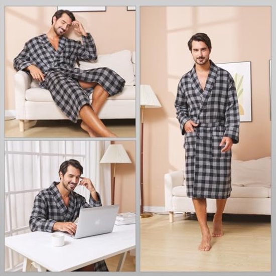 Heren Buffalo Plaid Katoenen Gewaad Lichtgewicht Badjas Sjaal Kraag Kimono Nachtkleding Loungewear Huisgewaden — afbeelding 4