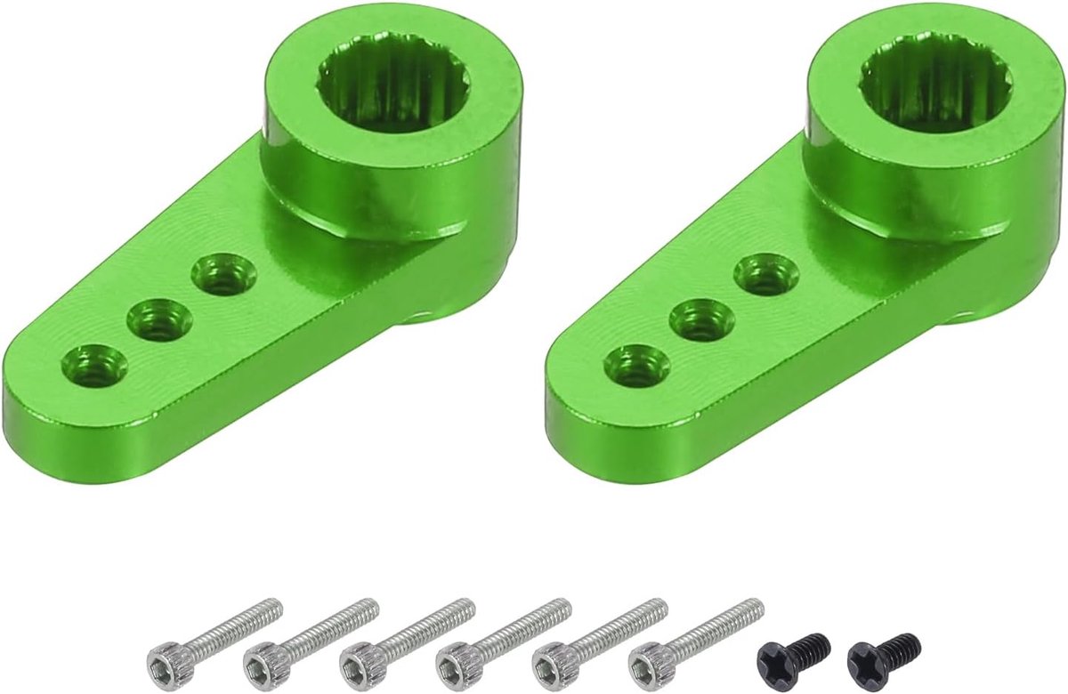 2 stuks servohoorn van aluminium, 15T, servohoorn, stuurarm, kort, 17,5 mm, groen, geschikt voor doe-het-zelf auto/boot/vliegtuigen, model, boot, accessoires met schroeven