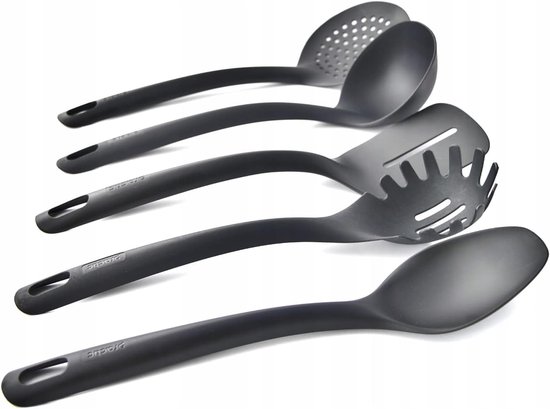 Keukenhulpset van nylon, keukengerei, kookgerei, kookset, spatel, pannenkoeken, spatel, lepel, scheplepel, vork, pasta, lepel, houder, zwart, 5 delen — afbeelding 2
