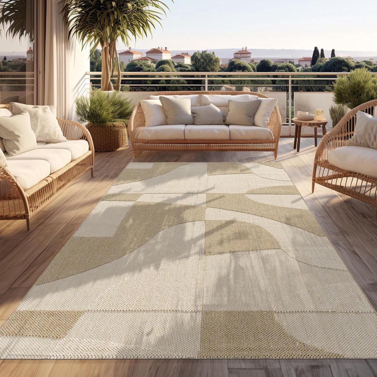 Home Buitentapijt Weerbestendig Balkon Woonkamer Boho Ontwerp Geometrisch Patroon Abstract 3D Effect Modern Deco Beige Crème, Maat:120x160 cm