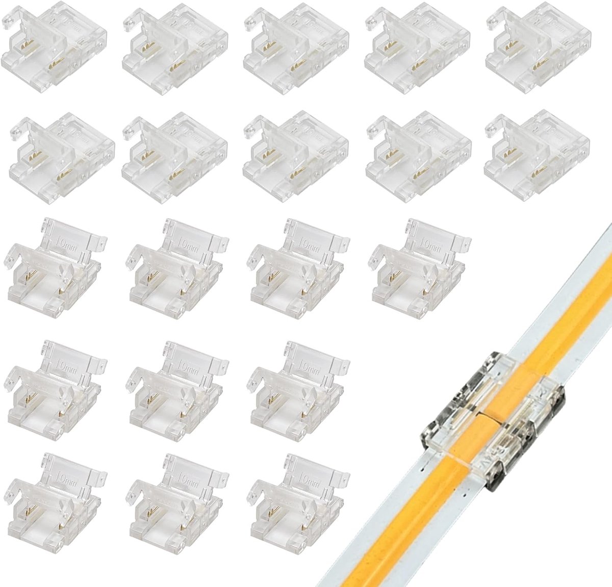 2Pin LED-lampstripaansluiters,20P-10mm soldeerloze snelle adapter voor enkelkleurige 5V/12V/24V LED-strips-Duurzaam PVC&koper,transparant terminal voor veilige aansluiting