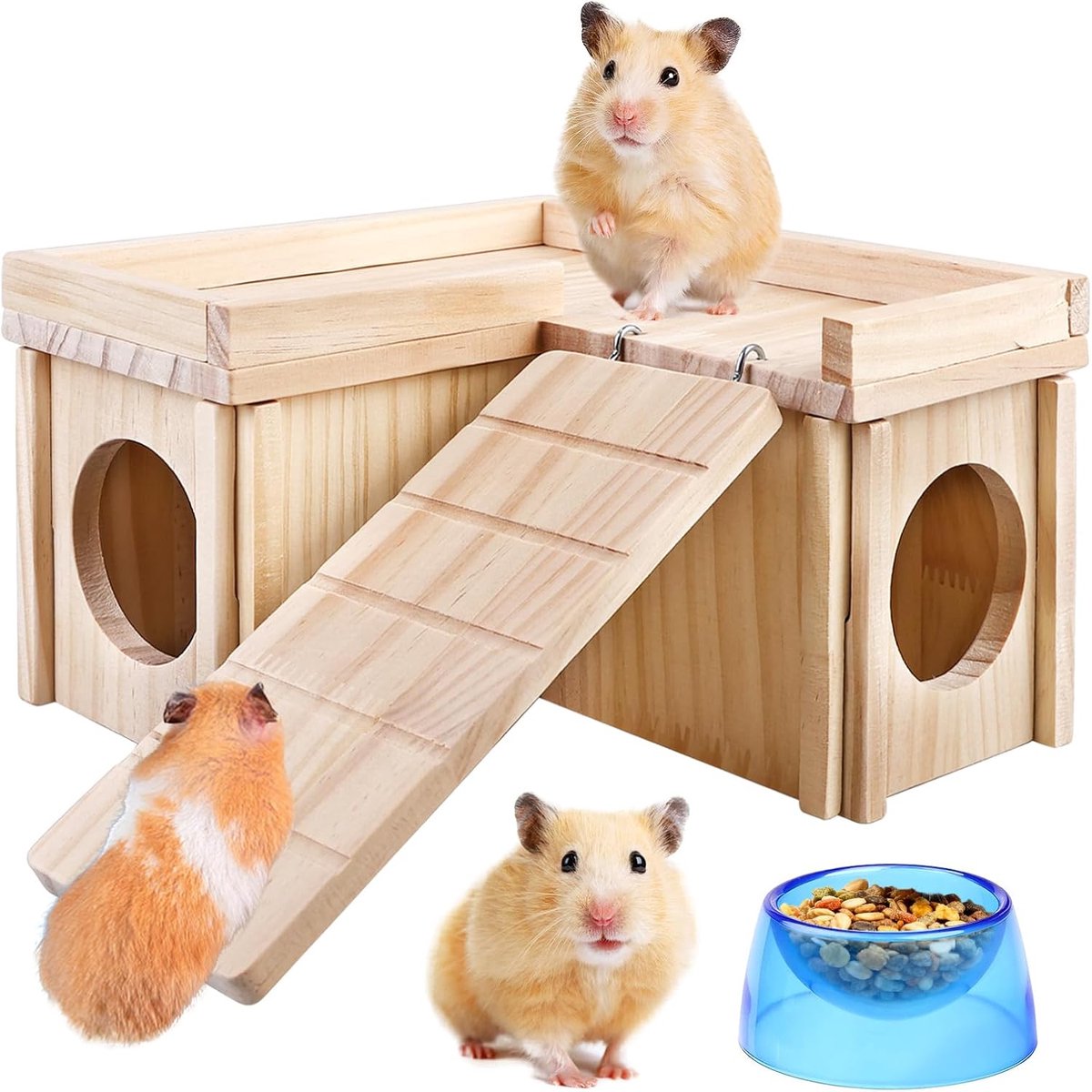 Groot caviahuis, hamsterhuis van hout met trappen en voederbak, hamsterverstopplaats platform, hamsterhuis van hout, hamsterhoekhuis voor kleine dieren, muizen, gerbils