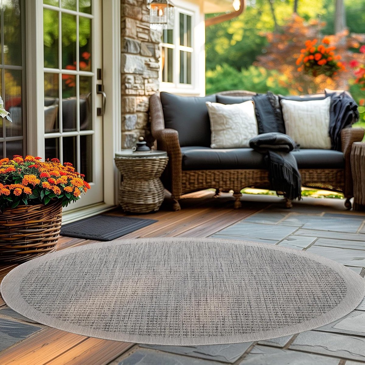Buitentapijt Effen Ontwerp Weerbestendig Terras Balkon Tuin Keukentapijt Vlakweefsel Sisal-Look, Kleur: Grijs, Diameter: 160 cm