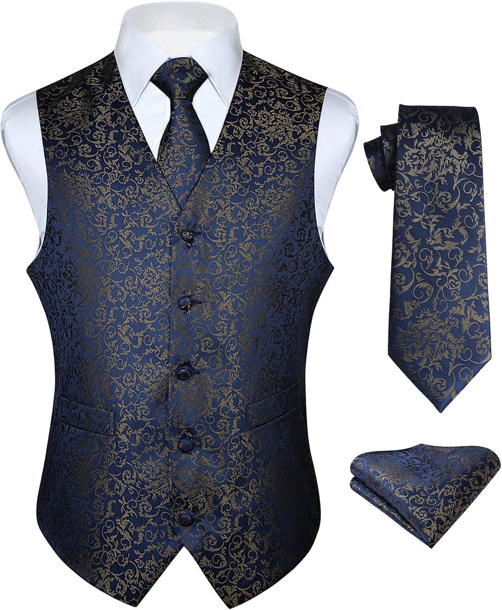 Herenvest Paisley Bloemen Jacquard Stropdas Pocket Vierkante Zakdoek Vest Pak Set