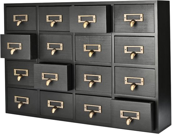Zwart houten medicijnkastje met 16 laden, messing handgrepen. Enkele laden staan open.