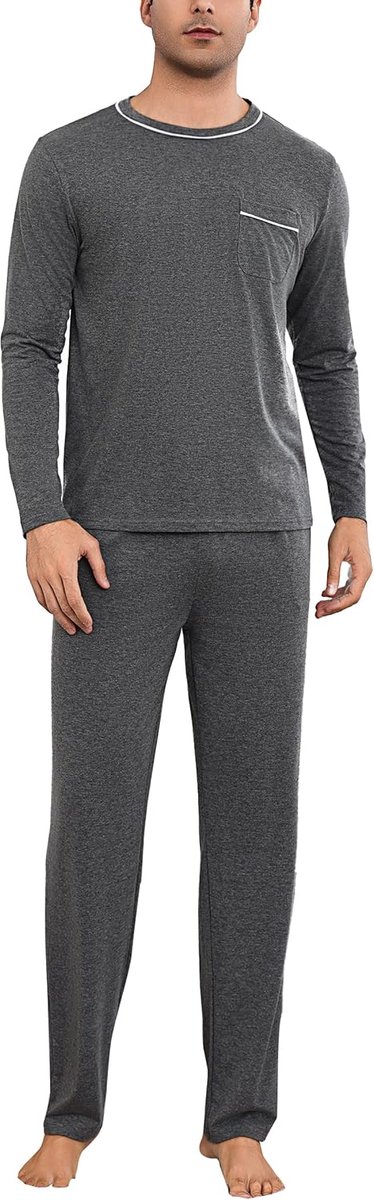 Heren winterpyjama van katoen, lang, tweedelige pyjama voor heren, lange mouwen en broek met zakken, zacht, loungewear