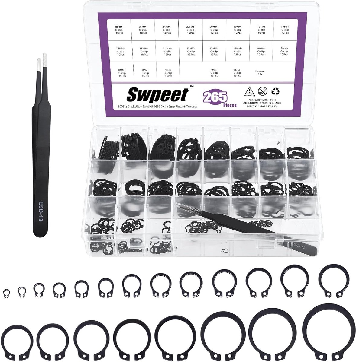 Retainer rings set 266-delig - 21 maten M4-M28mm - legering staal - voor assen en bewegende delen - SnelShoppen