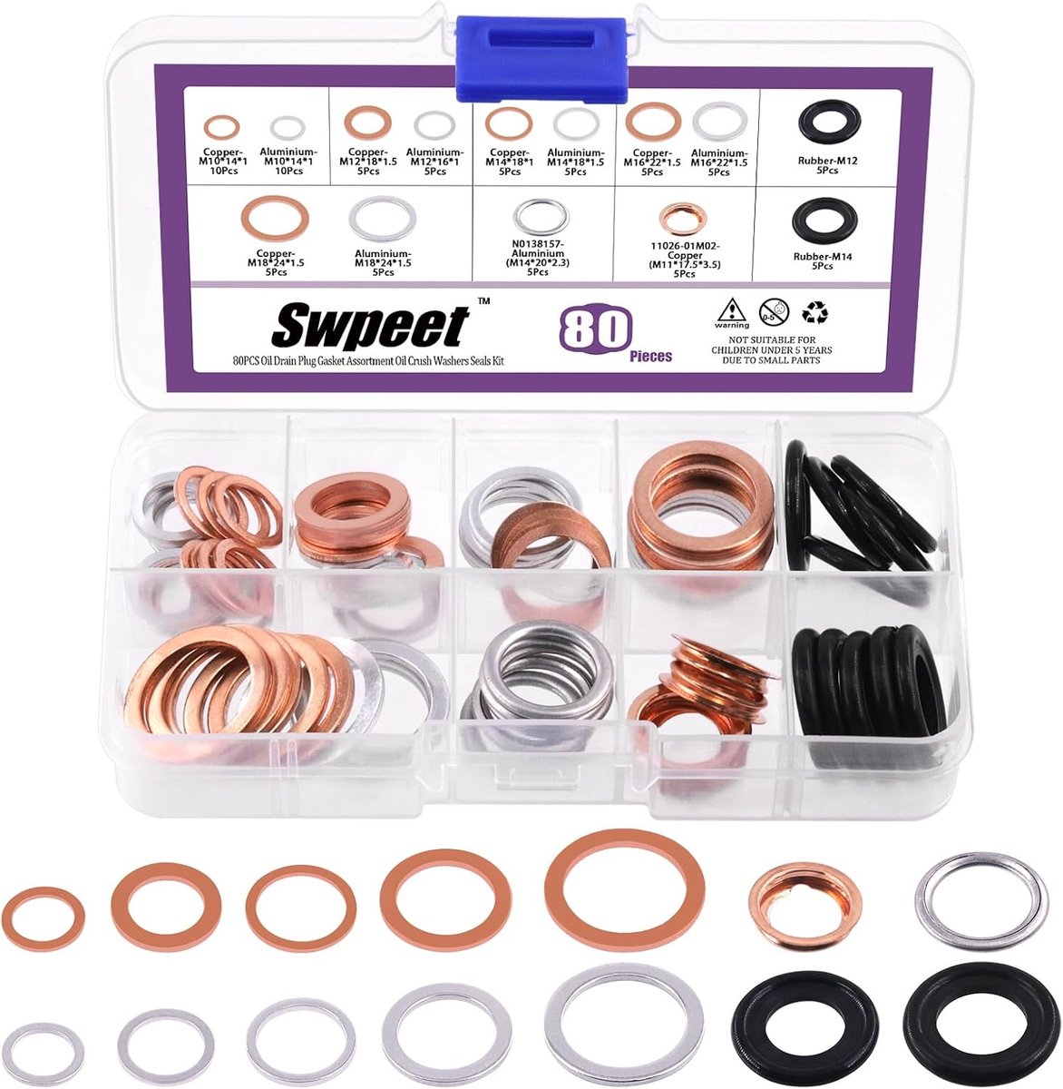 Olieafvoerplug pakkingen set - 80 stuks - aluminium/koper/rubber - geschikt voor diverse merken - SnelShoppen