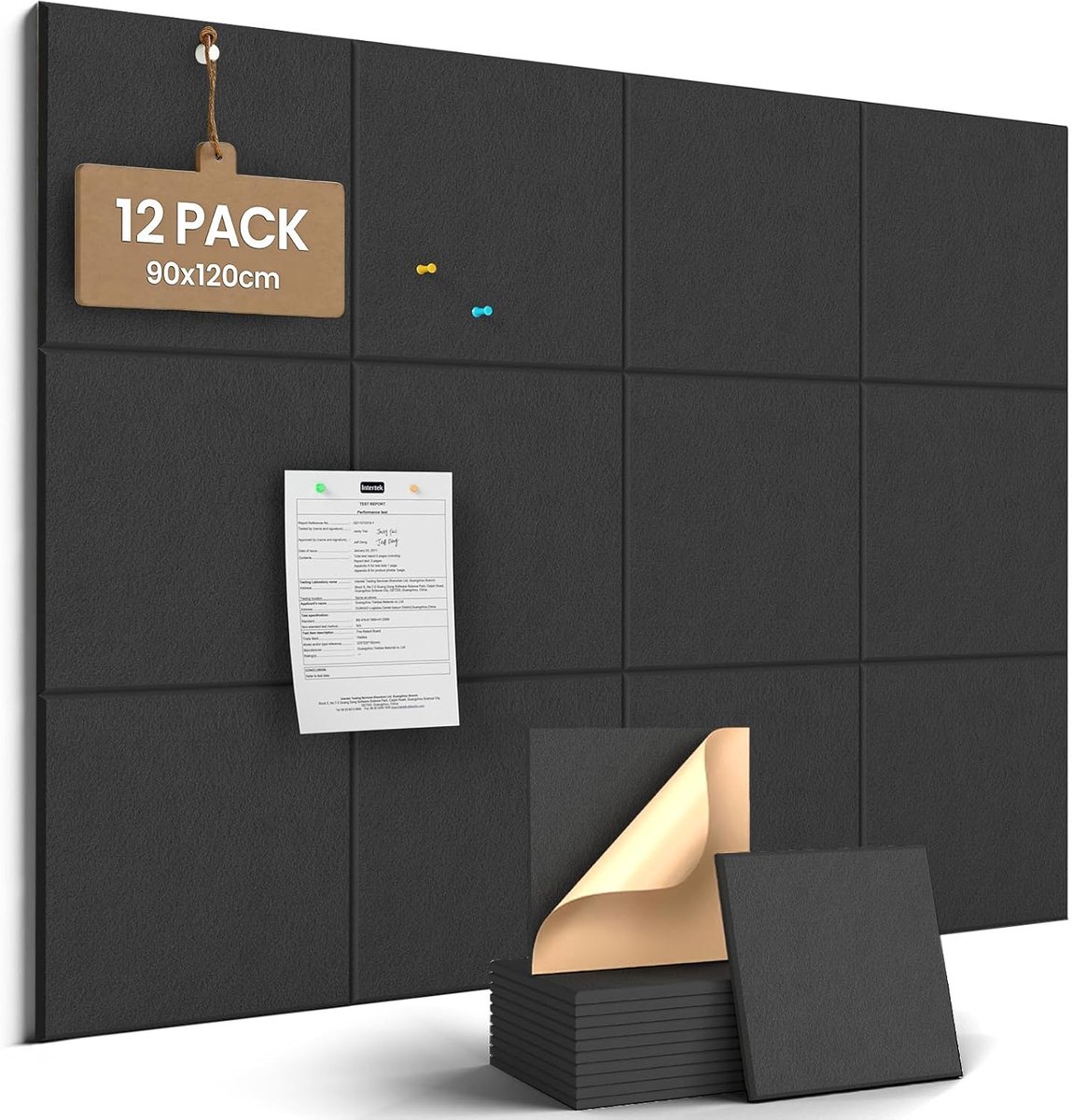 Vilt notitiebord, 120 x 90 cm, 12 stuks zelfklevend kurkbord voor muren, prikborden voor thuiskantoor, school, als planbord, fotowand, berichtenbord, sieradenopslag, zwart