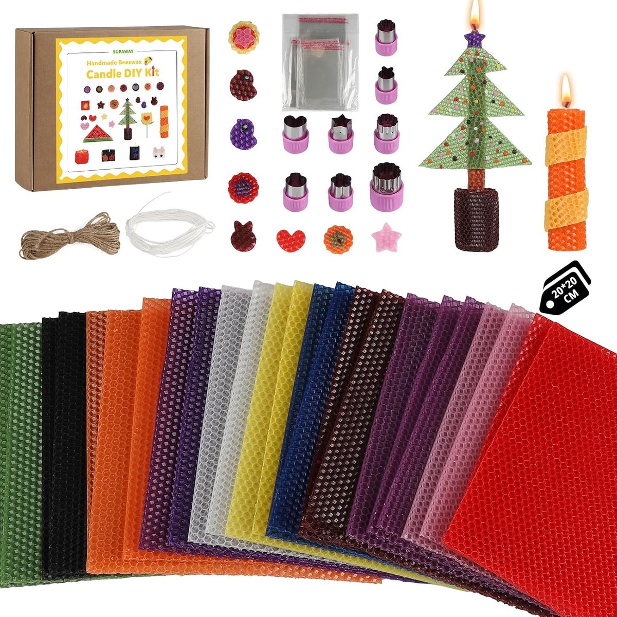 24 stuks kleurrijke wasvellen voor kaarsen, bijenwaskaarsmaakset, kaarsenmaakset met mallen en tas voor kinderen en volwassenen, DIY kerstwaskunst, 11 kleuren, 20 x 20 cm