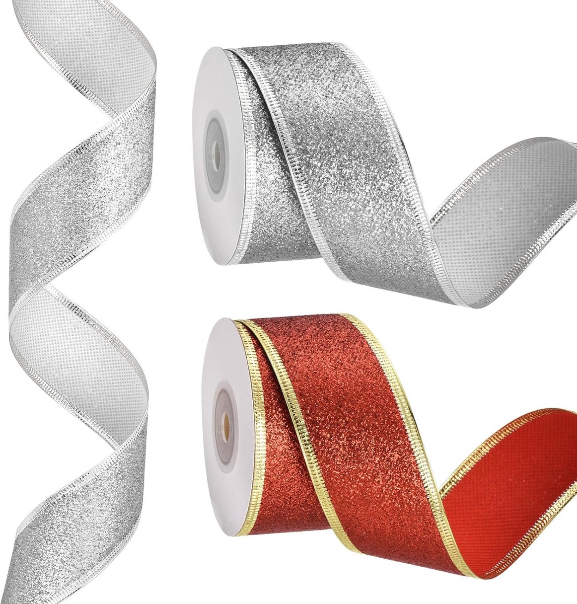 Kerstlint van 3,8 cm x 3,8 cm, metallic draad lint, glanzende geschenkverpakkingslint voor knutselen, verjaardag, bruiloft, festival, decoratie, rood/zilver