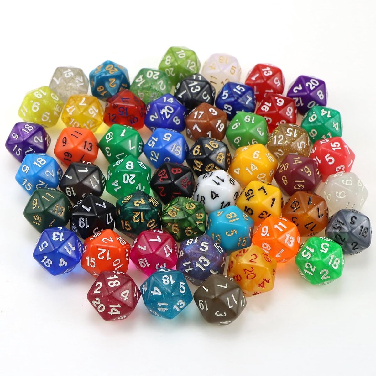 50 stuks polyedrische dobbelstenen, 20 pagina's, kleurrijke | speeldobbelstenen set met fluwelen tassen voor RPG Dungeons en Dragons Pathfinder DNG, RPG, MTG en andere bordspellen