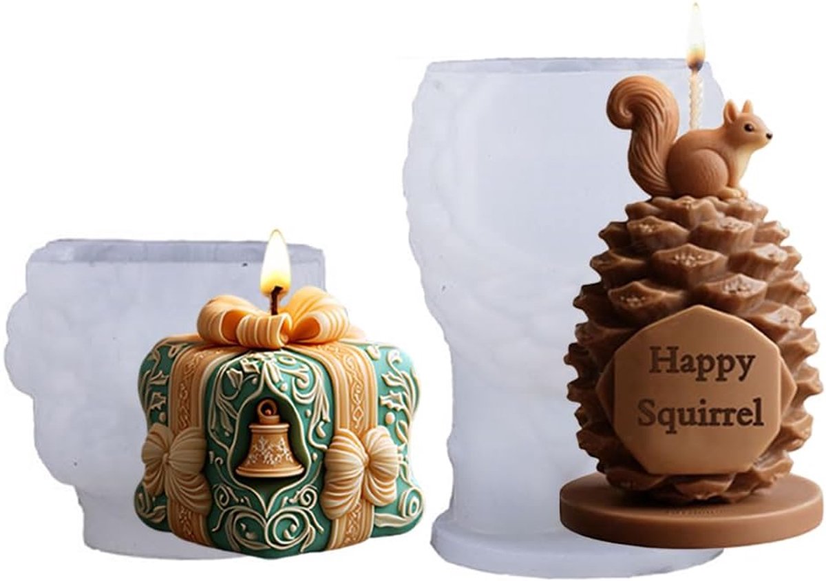 2 stuks kerstkaarsvorm, eekhoorntjes, siliconen vormen, 3D-geschenkdoos, kaarsgietvormen, epoxyvormen, doe-het-zelf gietvormen voor geurkaars, handgemaakte zeep, kerstcadeaus